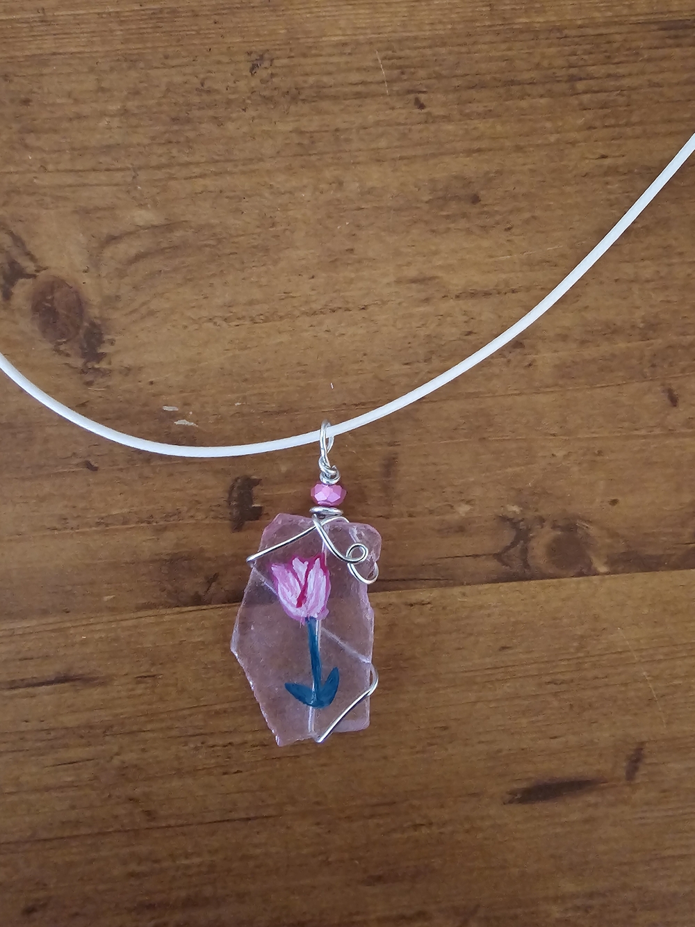 Pink Hand-Painted Tulip Beach Glass Pendant Necklace with Silver Wire Wrap